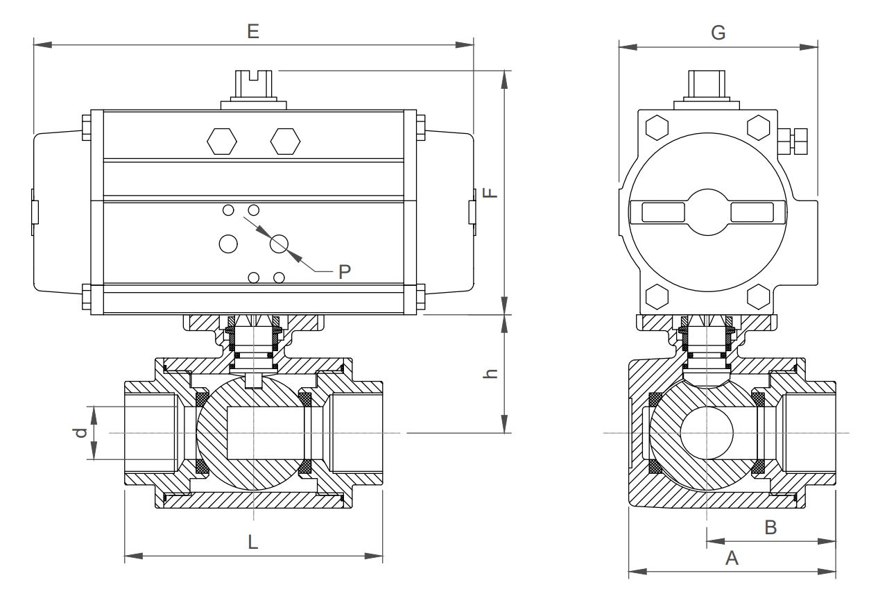 3 Way Stainless Steel Ball Valve Air Open, Spring Close